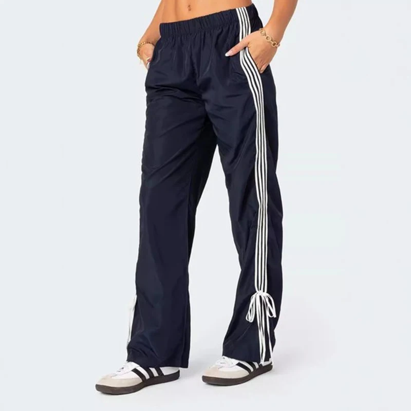 ฤดูใบไม้ผลิและฤดูใบไม้ร่วงผู้หญิง Bow Tie Casual กางเกงใหม่หลวมตรงกีฬาเอวสูงขากว้างกางเกงยาว