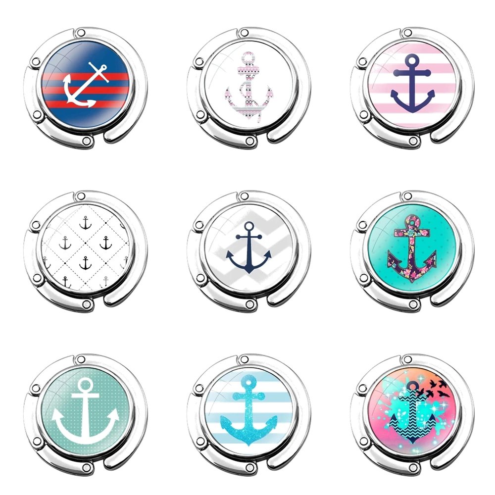Gancho plegable para bolso de mujer, almacenamiento de bolso de mesa, decoración plegable, gancho para mesa, barco anclado, patrón marino