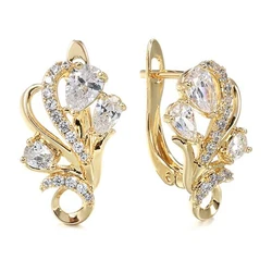Huitan Gold Color Flower U Hoop Earrings for Women Aesthetic Luxury Wedding Earrings Sparkling Cubic Zirconia New Trendy Jewelry