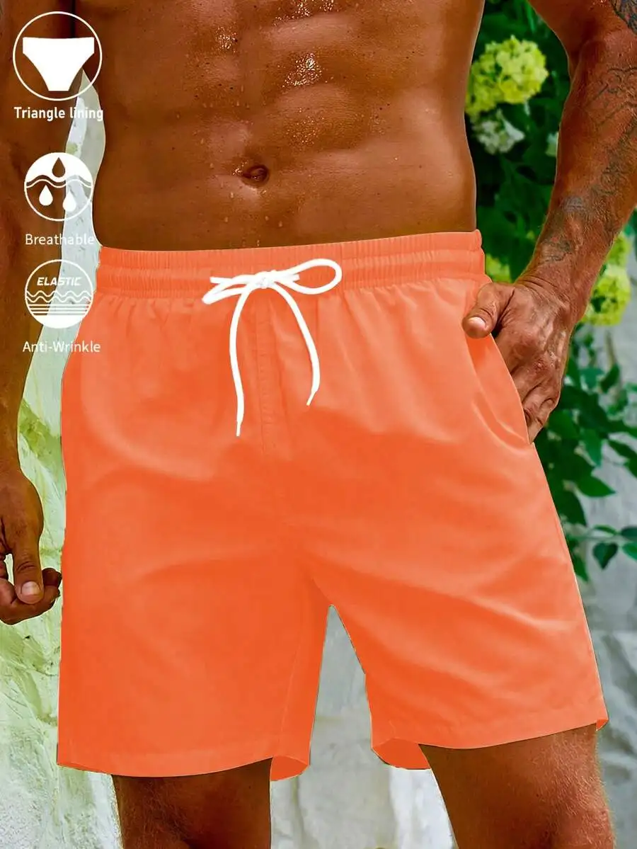 

Mens Orange Beach Shorts With Triangle Lining Breathable Elastic Anti-Wrinkle