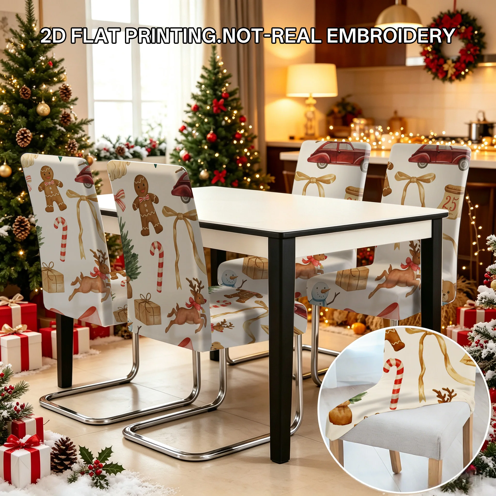 2/4/6 PCS Christmas gingerbread man puzzle elastic dining chair cover, 2D flat snack design Christmas home holiday decoration