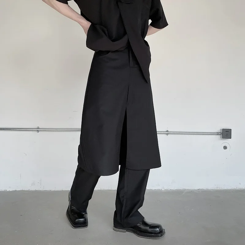 

2023Japan Design Streetwear Double Male Men's Layer Pants Fashion Casual Skirt Dark Black Net Celebrity Modeling Pant Trousers