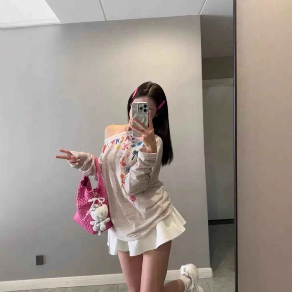 

Women's Summer Slanted Shoulder One-Shoulder Blouse Creative Cartoon Sun Protection Long-Sleeved T-Shirt Thin Breathable Top