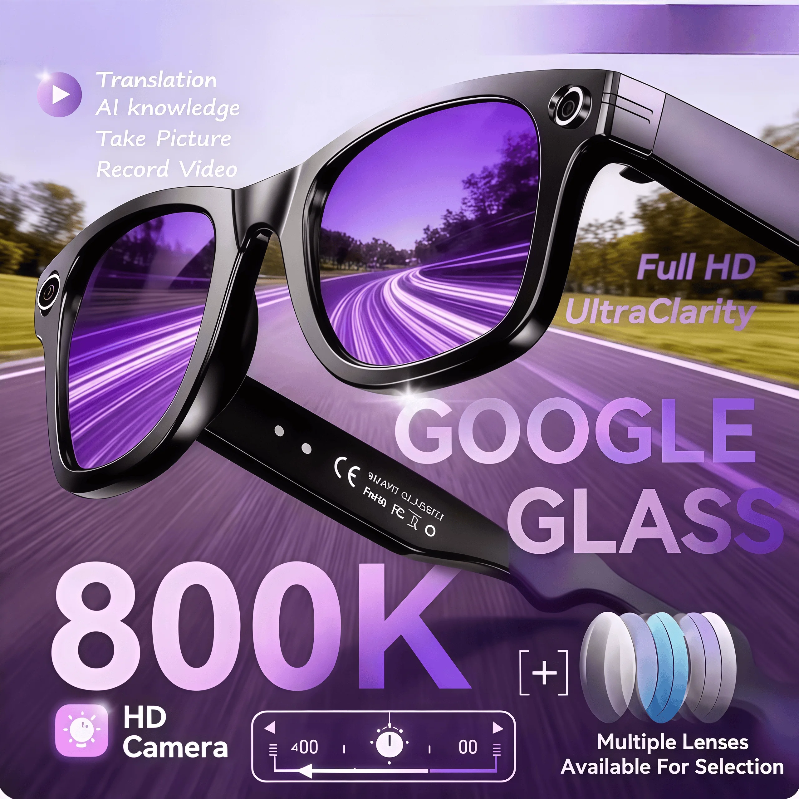 800W HD Camera AI Smart Glasses Real-Time Translation Open Ear Audio Bluetooth Sunglasses Handsfree Call Video Photo Polarized E