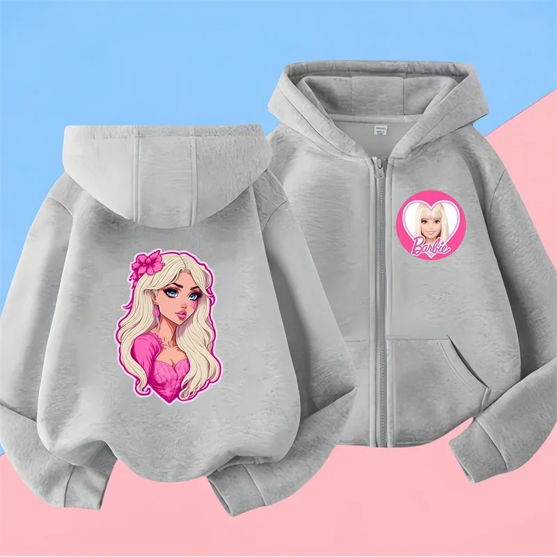 Kawaii Barbie Children long Sleeves Anime Cartoon Girls Boys zipper hoodie Soft All-Match Y2K Kids Clothes Streetwear