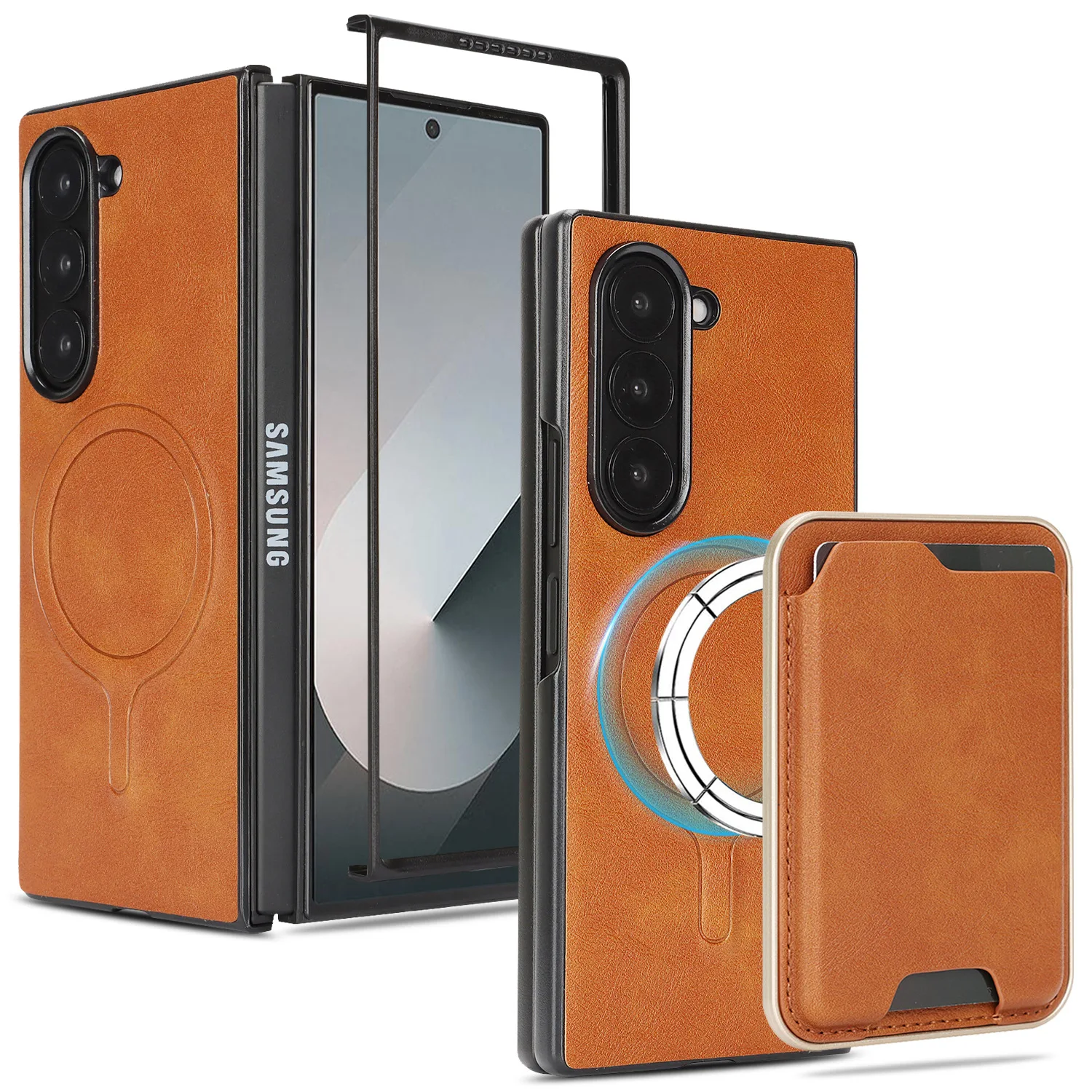 Suitable for Samsung Z Fold7 wireless charging phone case, Z Fold5 magnetic card holder, Z Fold6 artificial leather card sleeve