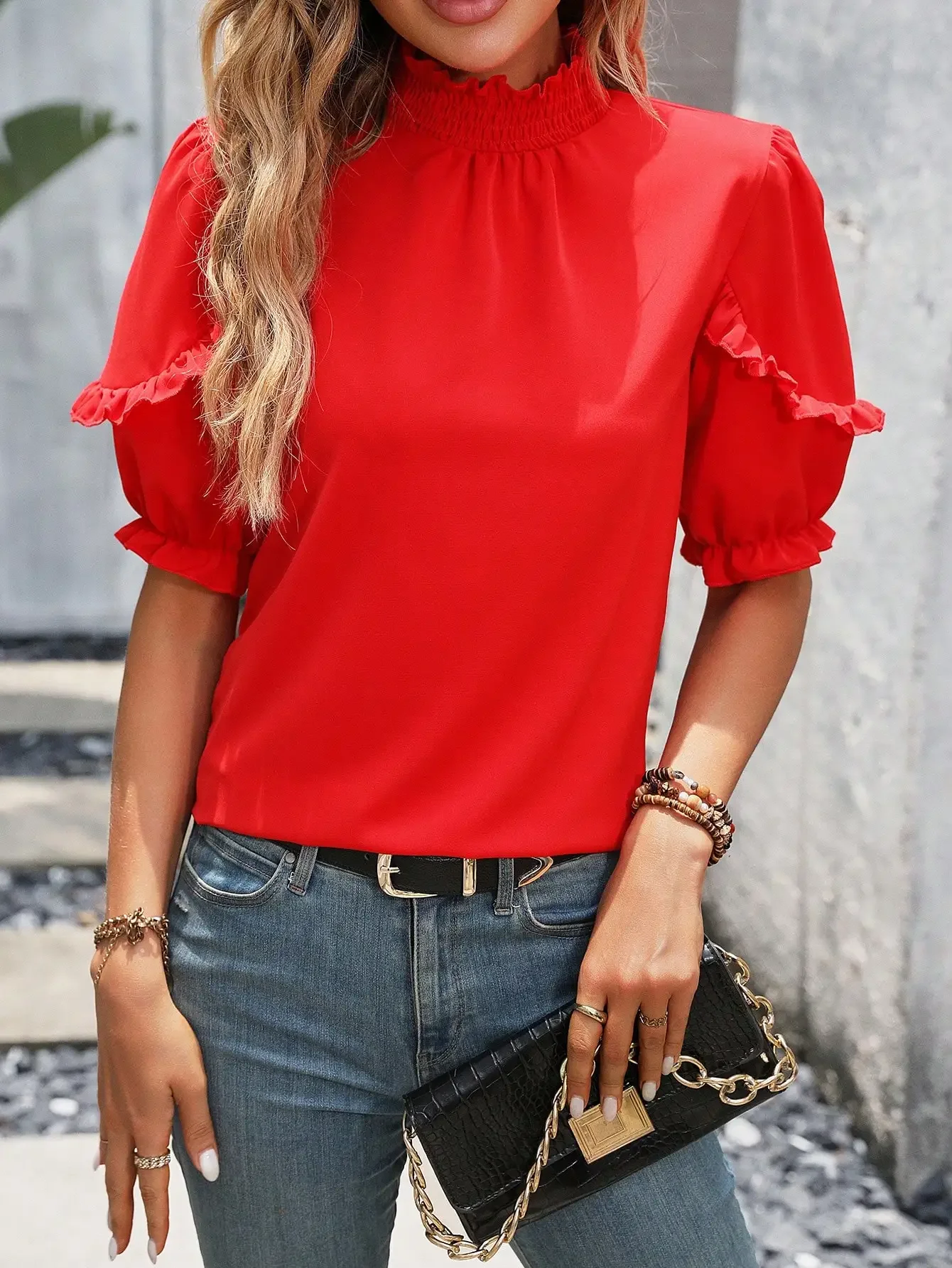 

Nice Elegant Casual Women's Shirt Small Stand Collar Ruffled Short Sleeve With Stylish Blouse