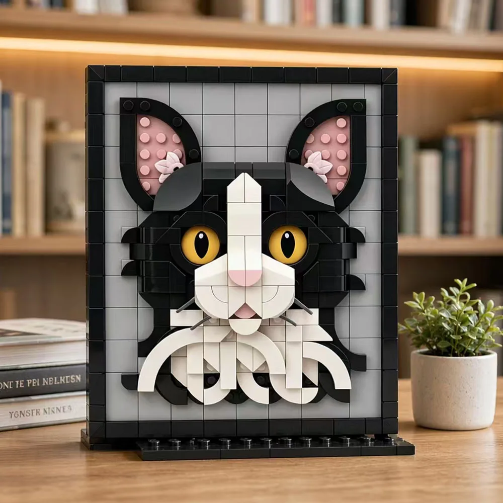 MOC Animal Model Tuxedo Cat Building Blocks Cute Cartoon Kitty Assemble Bricks Educational Toys Gift For Adult Teenagers