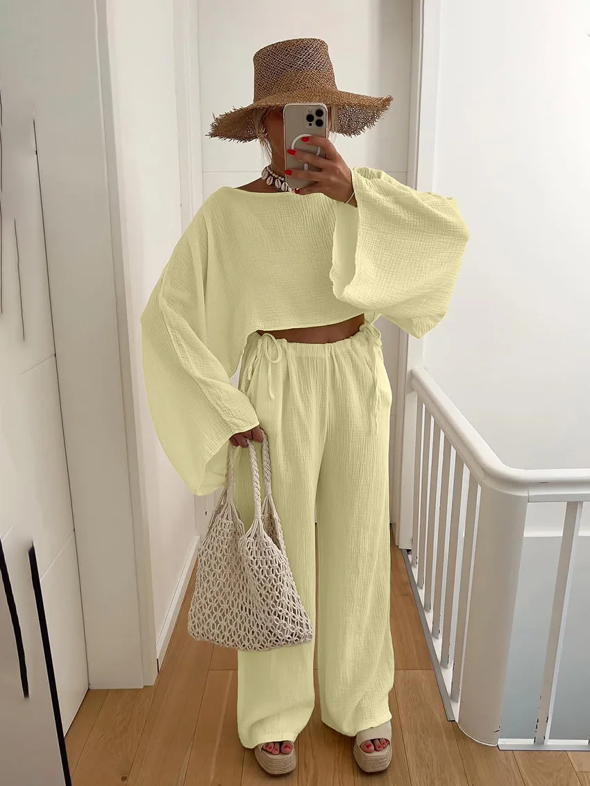 

Marthaqiqi Cotton Ladies Sleepwear Suit O-Neck Pajamas Long Sleeve Nightie Crop Top Nightgowns Pants Casual Female Nightwear Set