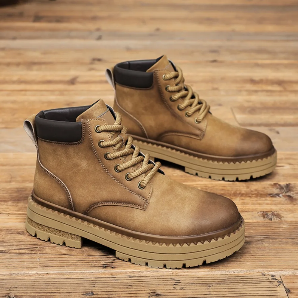 

Classic Black Men's Motorcycle Shoes Autumn Winter Platform Leather Boots Man Outdoor Lace-Up Ankle Boots for Men Botas Hombre