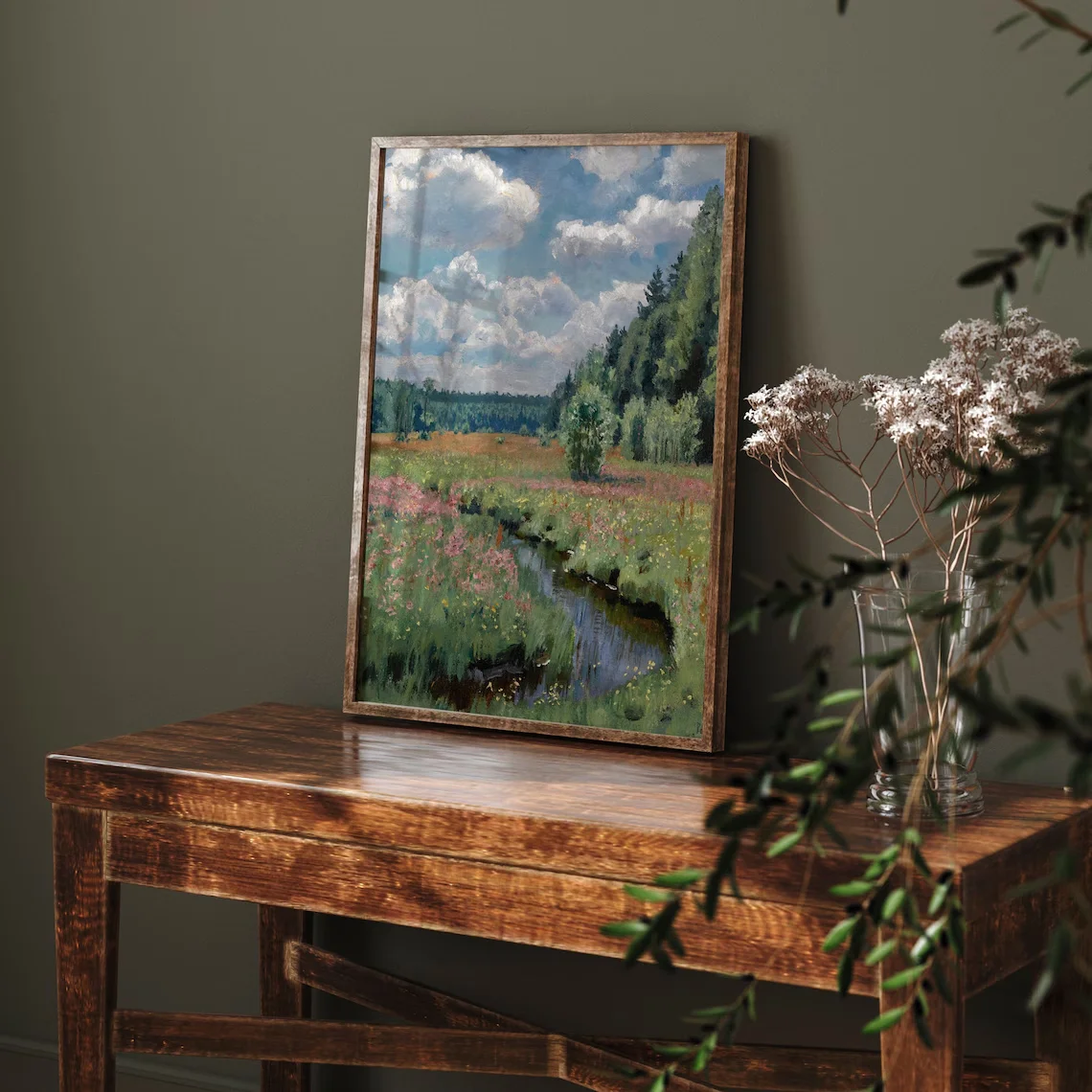 Idyllic Summer Meadow Wall Art - Luminous Impressionist Print of a Flower-Filled Meadow with a Stream, Soft Brushstrokes and Pas