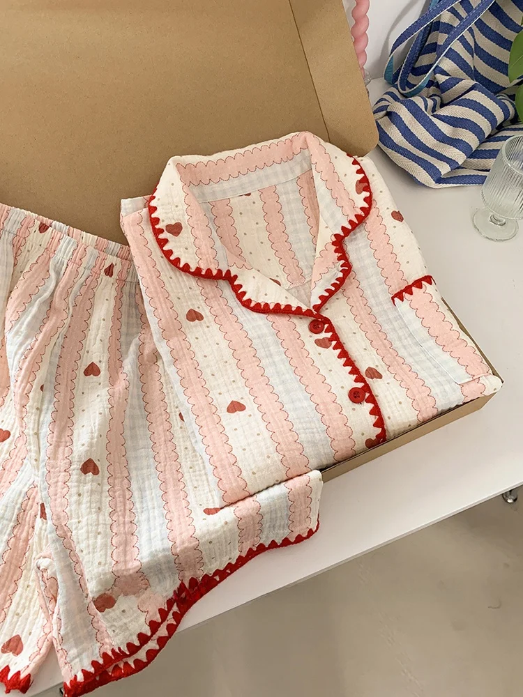 

2025 New Bubble Cotton Sleepwear Women Summer Style Cute Casual Short Sleeve Pink Heart Home Clothes Pure Cotton Nightgown