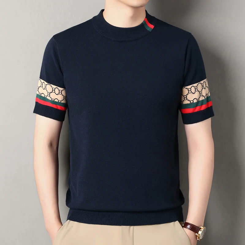 

High End Men's Semi High Neck Short Sleeved Wool Sweater 2026 New Fashion Trend Knitted Base Sweater Outdoor Sweater