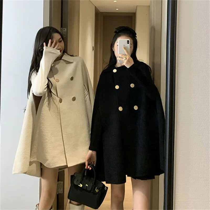 Fashion Woolen Coats for Women Autumn Winter Solid Cape Cloak Coat Loose Overcoat Female Double Breasted Lapel Jackets