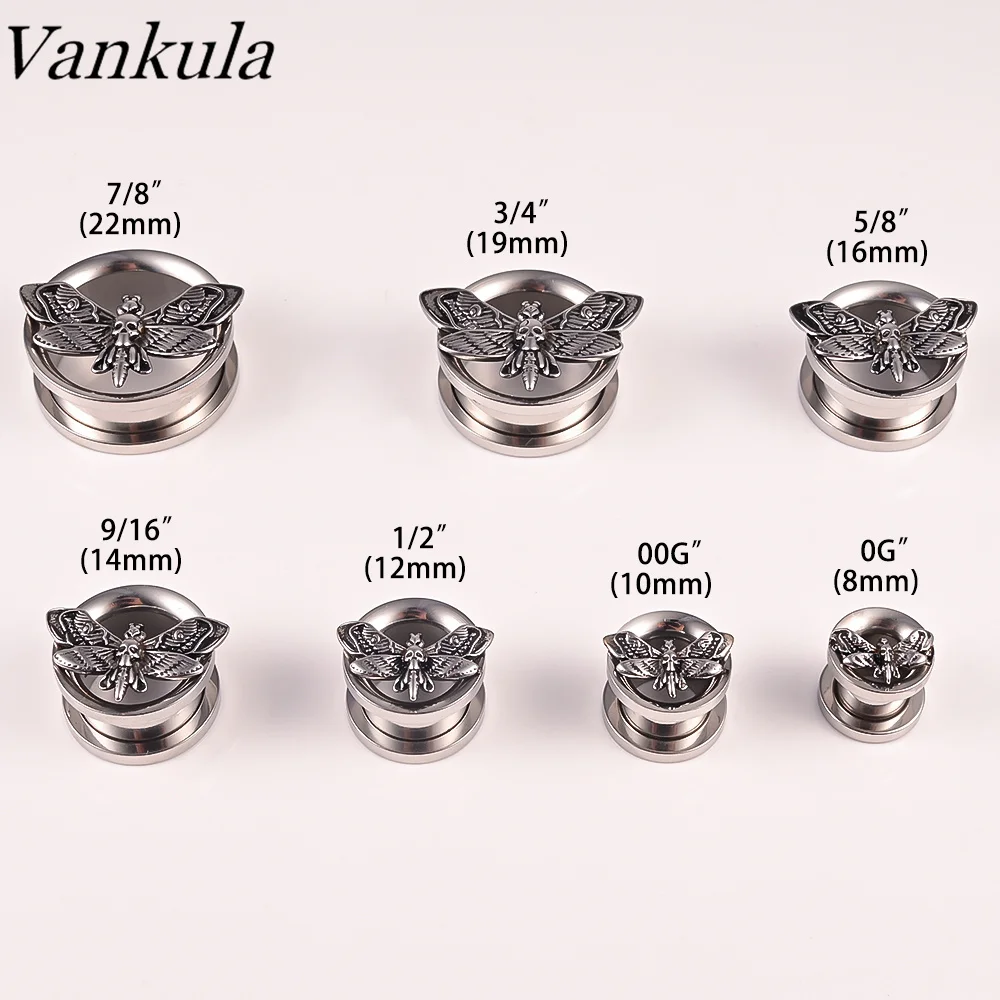 Vankula 2PCS Stainless Steel Ear Gauges Plugs Death Moth Teardrop Double Flared Tunnels Plugs Stretcher Plugs Piercing Jewelry