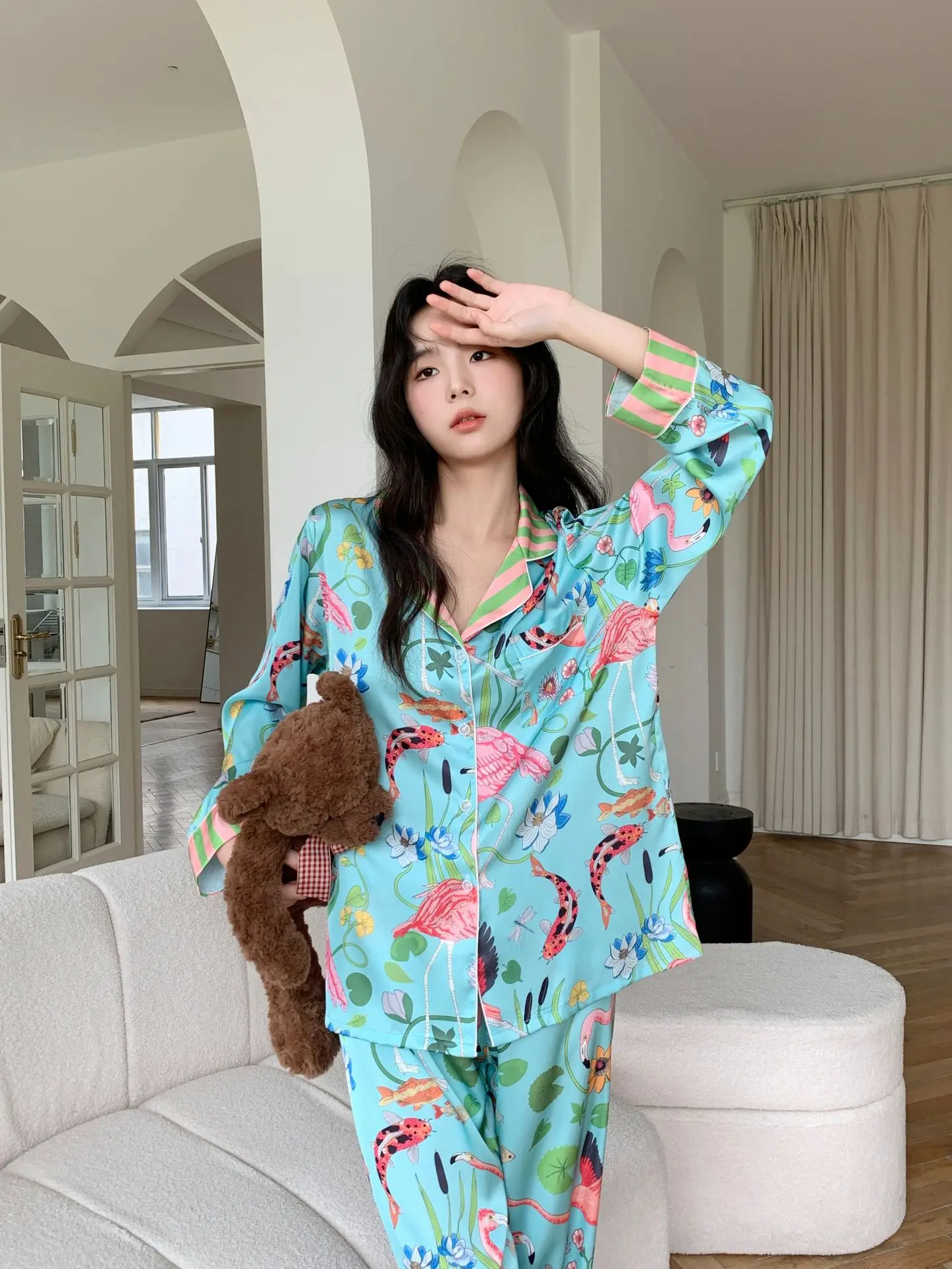 Satin Women Pajamas Silk Printing Lapel Button Shirt With Trousers Pajama Set Pyjama Sleepwear Pijama Loungewear Soft Nightwear