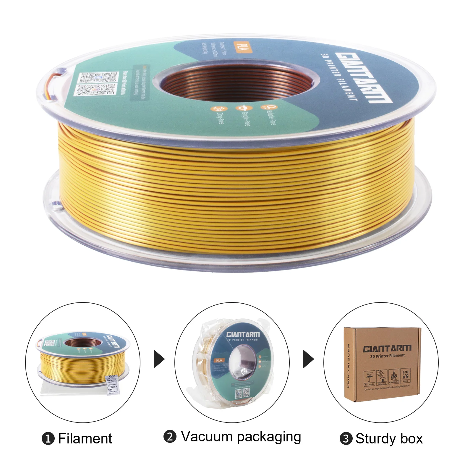 Filament PLA Giantarm Tri Color Silk 1,75 mm, szpula 1 kg, dokładność +/-0,03 mm, pakowany próżniowo, szybka wysyłka — zdjęcie produktu 5