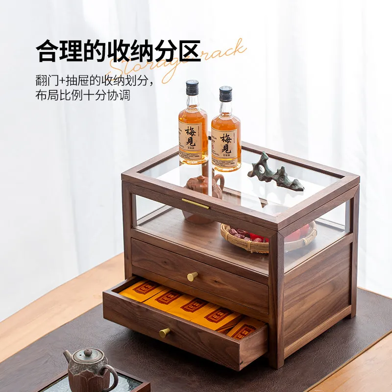North American walnut tea set display storage box Chinese solid wood dust cabinet transparent glass display multi-layer storage