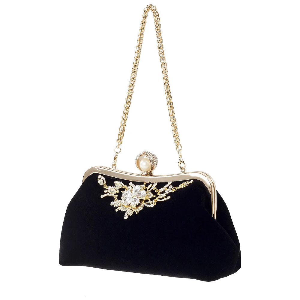 

Female Diamond Pearl Handbag Vintage Crystal Flower Evening Bag Wedding Party Bride Clutch Bag Purse（Black）