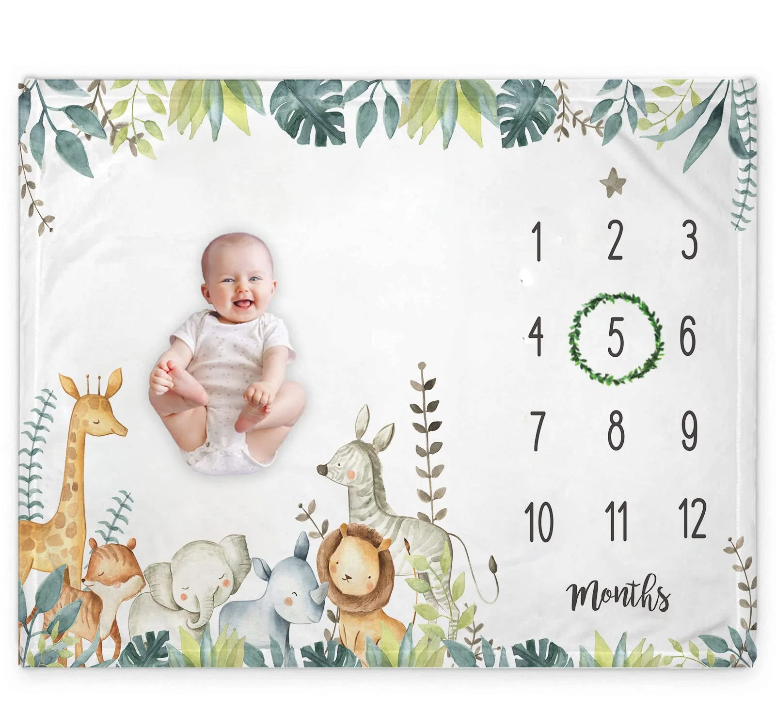 VIKAMA Jungle Animal Baby Milestone Blanket Watercolour Jungle Print Growth Chart Photography Backdrop Nursery Decor