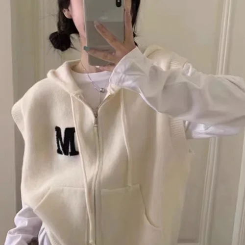 2023 가을 새 스타일 한국어 M 자형 틈새 후드 지퍼 캐주얼 니트 조끼 탑 여성 패션 재생 셀룰로오스 섬유  Best5