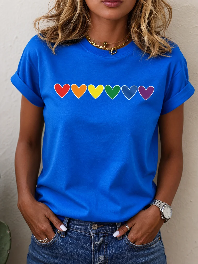 ilstile LGBTQ Pride Month 2026 Women T-Shirt Simple Rainbow Hearts Graphic Tee Casual Short Sleeve Summer Top Gay Pride Gift