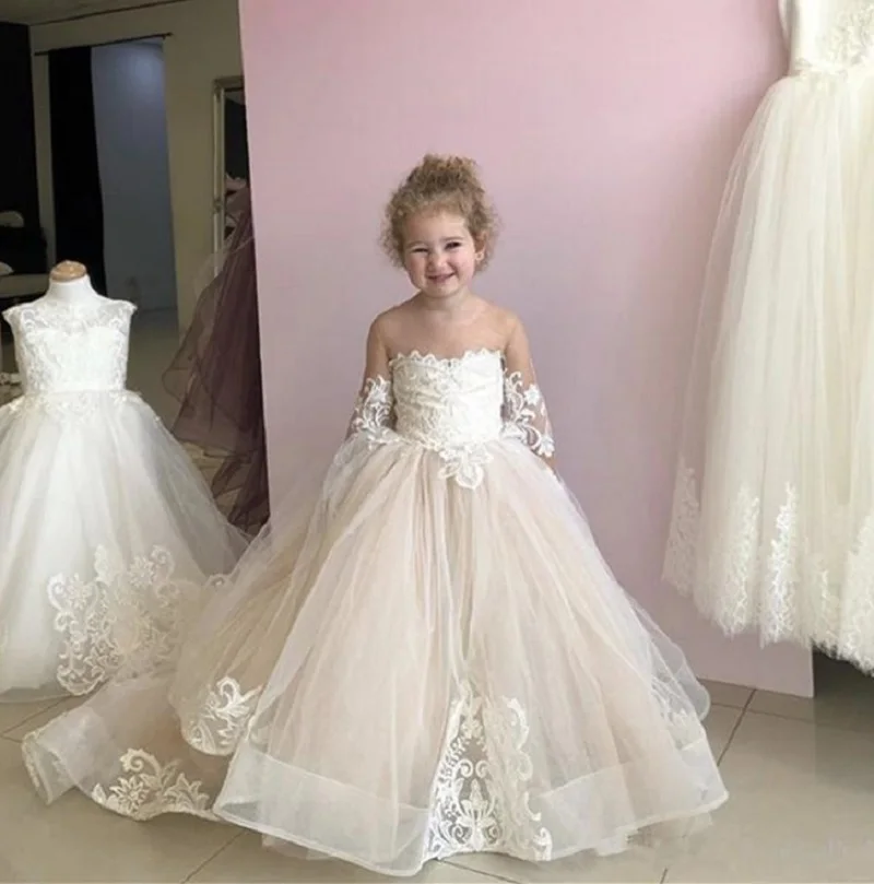 Vestido de dama de honor blanco para niñas, vestidos de niña de flores, vestido de baile para niños, fiesta de boda, desfile, vestido de primera comunión, lazo grande, mangas largas