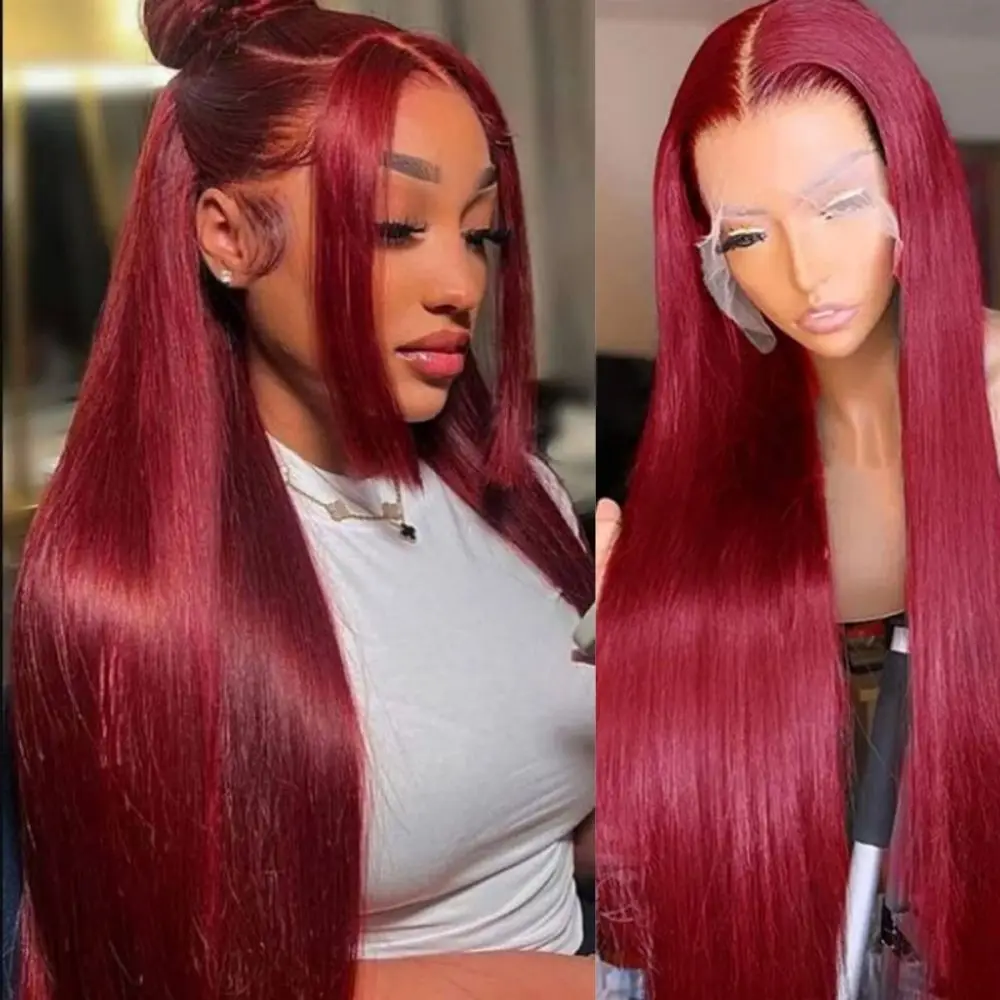 99J Burgundy Lace Front Wig 13x4 HD Transparent Straight Human Hair Brazilian 13x6 200 Density Red Lace Frontal Wig 30 36 Inch