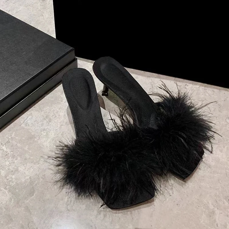 Summer New Sexy Feather Woman Slippers High Heels Fur Stiletto Peep Toe Mules Lady Slides Shoes Высокія папернікі