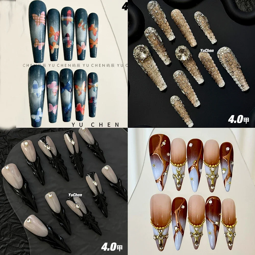 

10Pcs Long Stiletto Coffin Handmade Nail Art 3D Rhinestone Shining Butterfly Y2K Detachable Simple Fake Nail Girl Holiday Gift