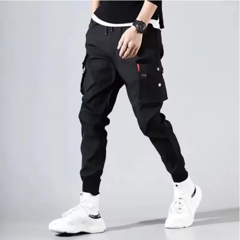 

Korean version of fashionable running streetwear casual men's ribbon jogging pants men's slim fit work pants with multiple pocke