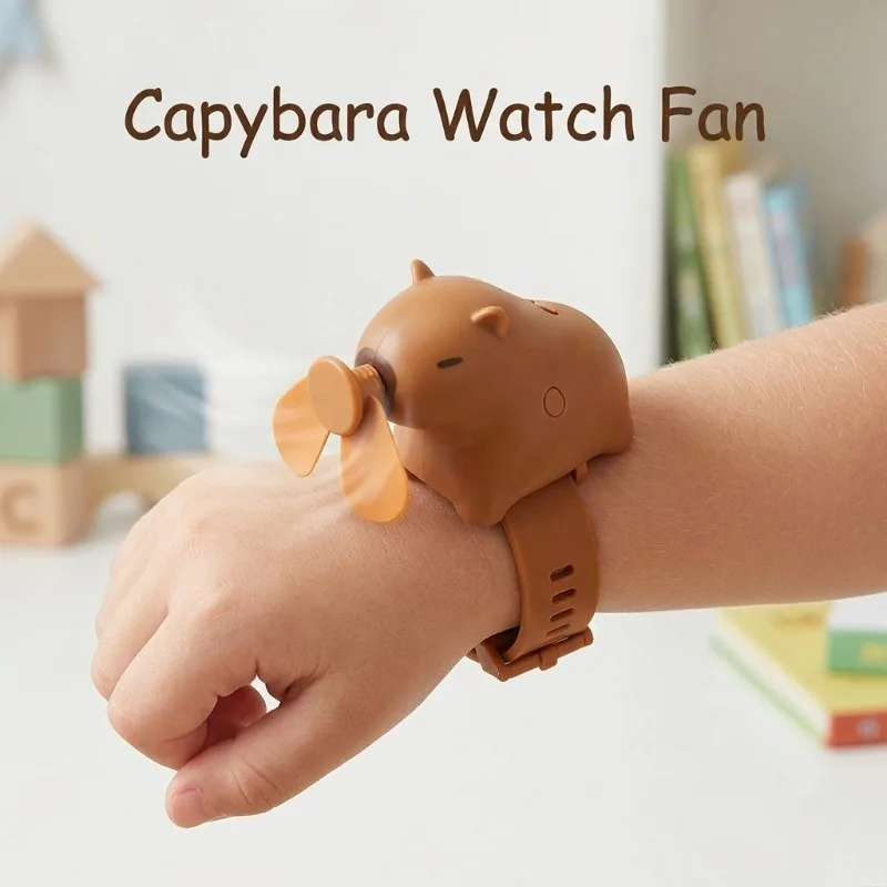 

Детский портативный мини-вентилятор на запястье 2026 с мультяшной капибарой, регулируемый, 3 скорости, мягкий ремешок, для лета, улицы, путешествий, праздников, подарок