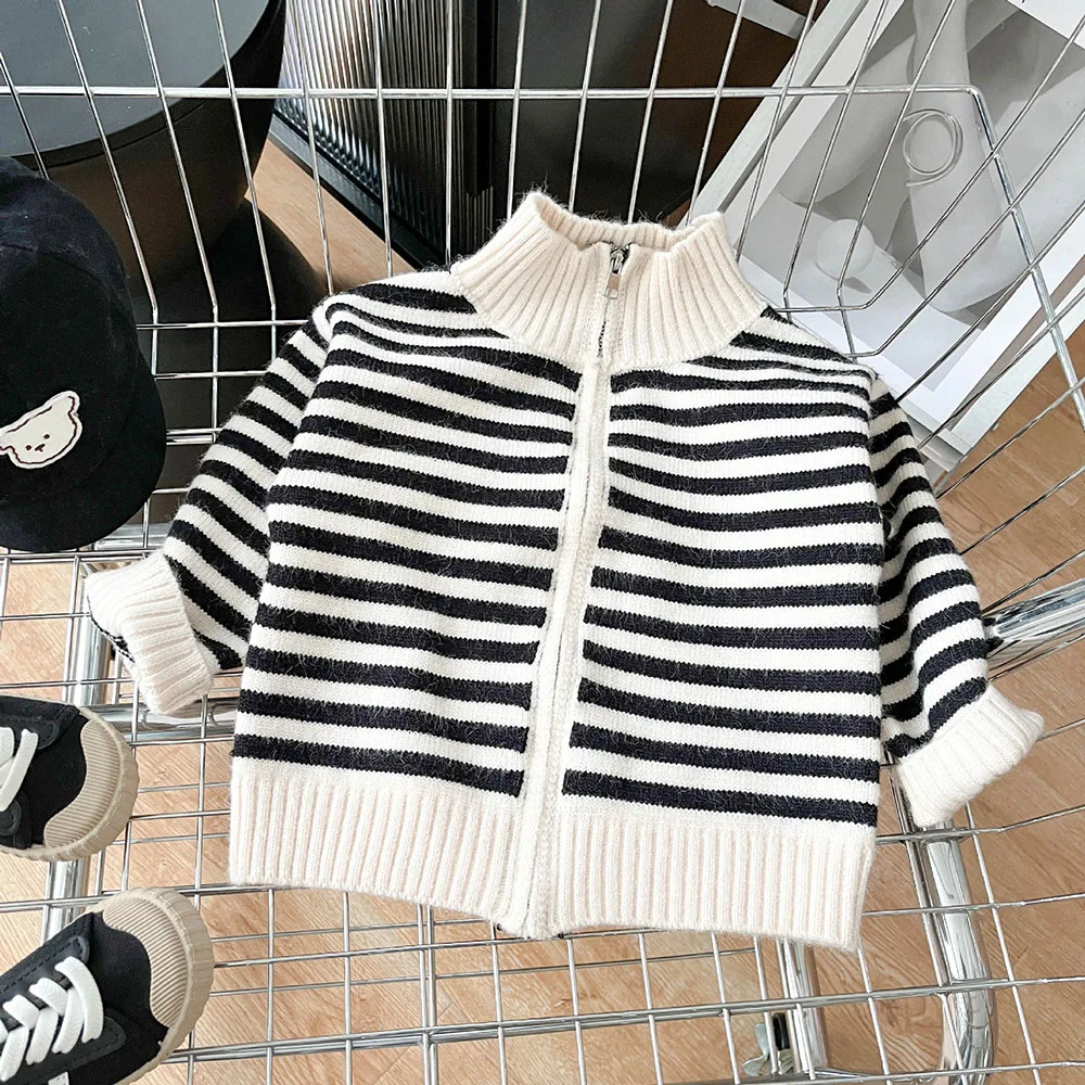 Toddler Children\'s Sweater Autumn Winter Fashion Baby Striped Knit Cardigan Coat High Collar Zipper Infant Warm Cotton Clothes