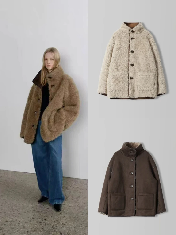 

Ретро Sle, чистый цвет, воротник-стойка, одна пуговица, двусторонняя кожаная меховая интегрированная куртка для женщин, длинный све