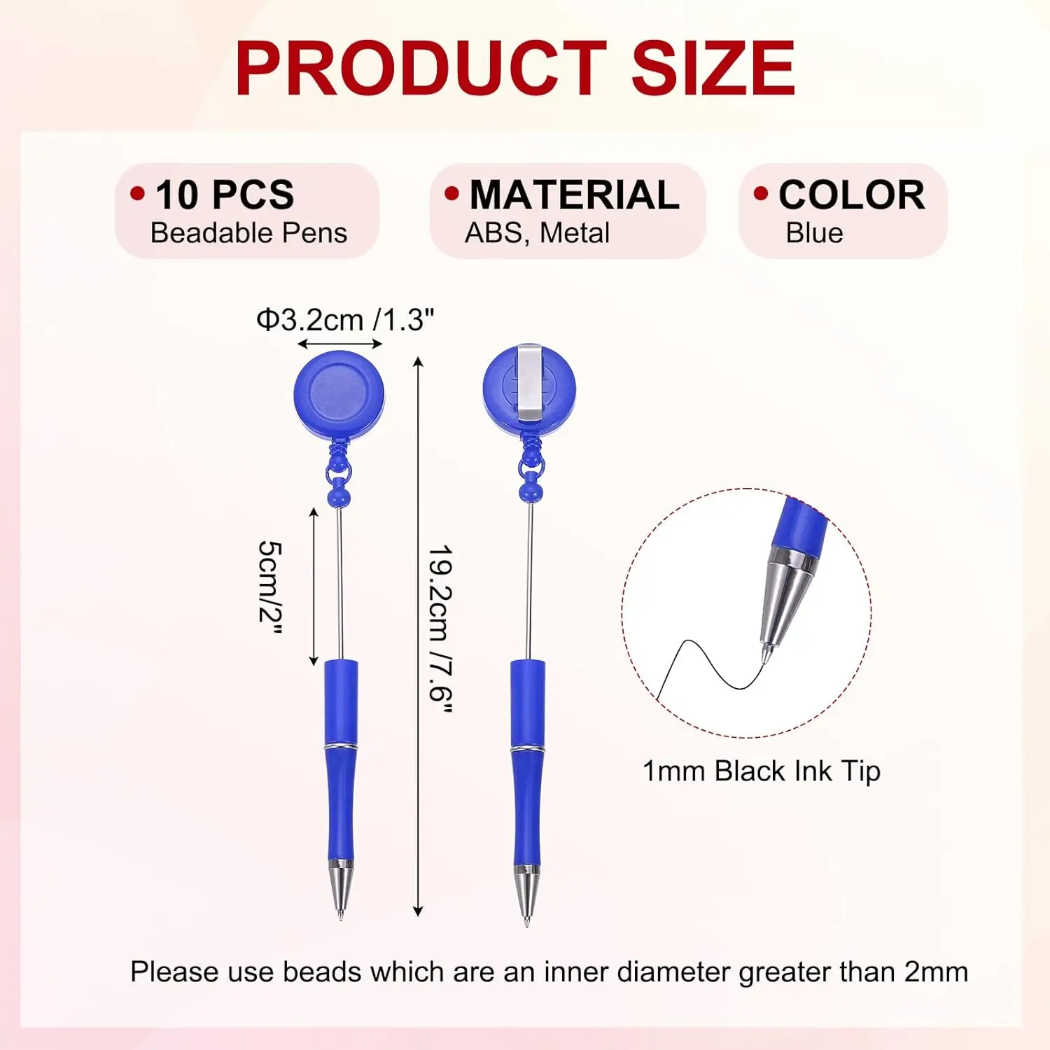 10 Pcs Retractable Badge Reel Beadable Pen Bulk Beaded Ballpoint Pen Black Ink for DIY Making, Office Worker, Waitress, Writing