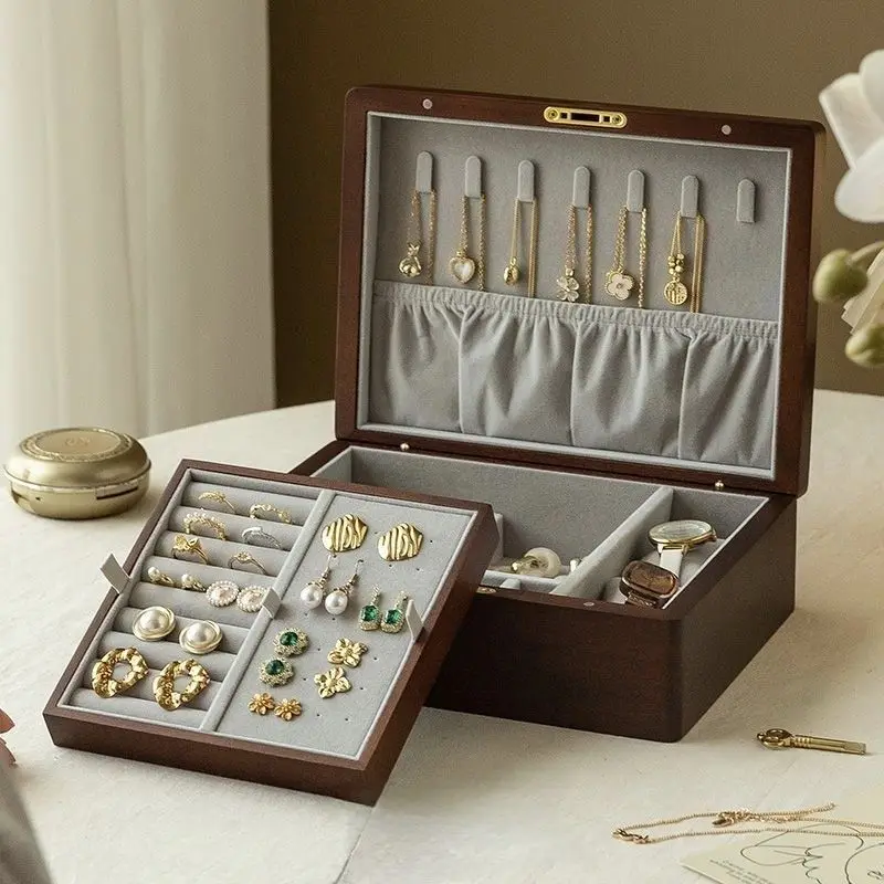 Wooden Jewelry Storage Box Retro Necklace Organizer Case Large Capacity Ring Earring  Storage Box Desktop Watch Collection Cases