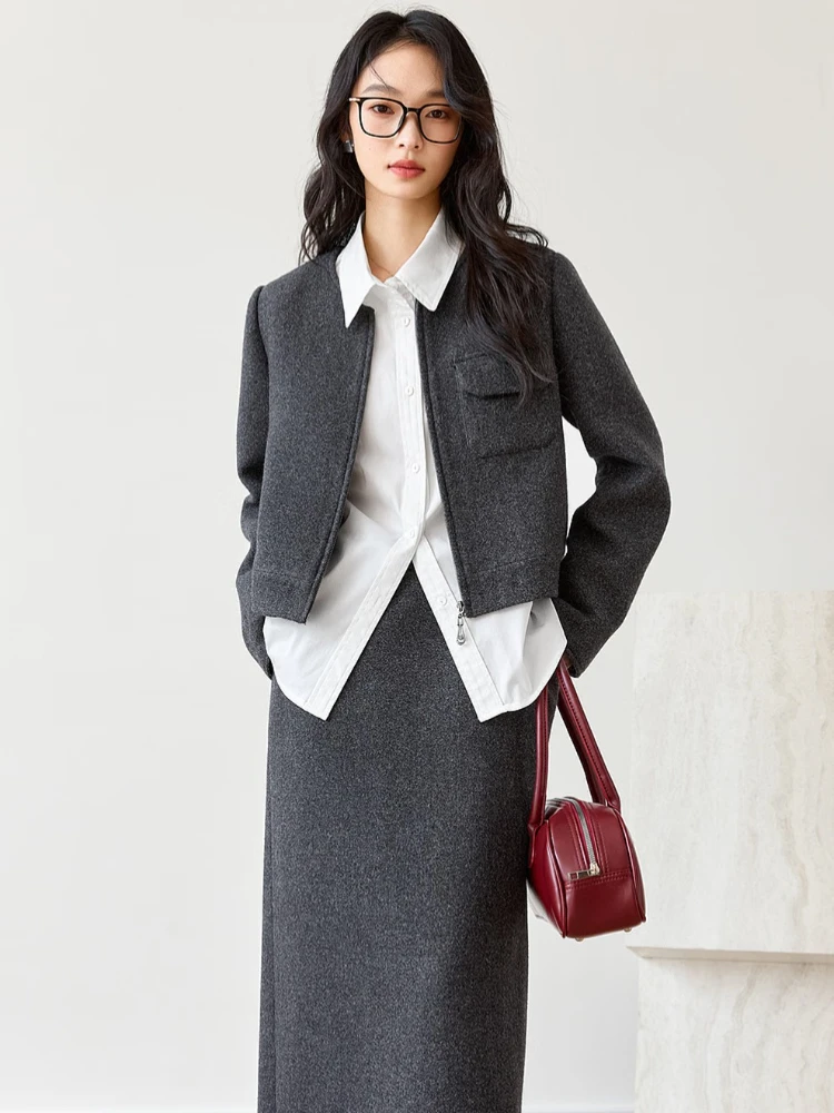 

VIMLY Women's Grey Skirt Suits Office Wear Round Neck Zip Up Short Coats Midi Skirts Winter 2025 Female Skirt 2 Piece Suit M9872
