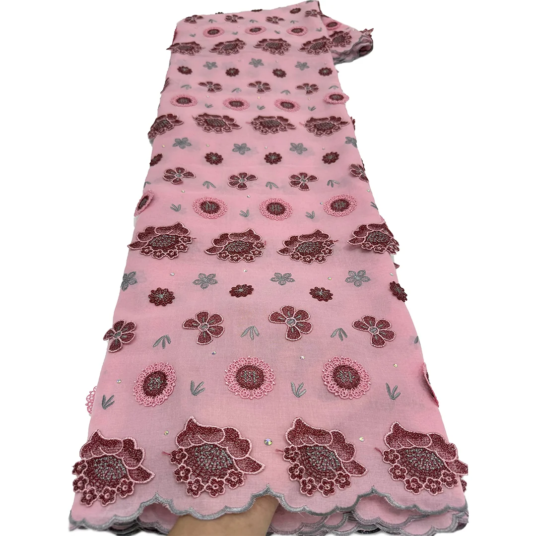 Nigerian Swiss Voile Lace Fabric With 3D Flower Applique And Stones 2026 High Quality African Guipure Lace For Wedding Dress view 6
