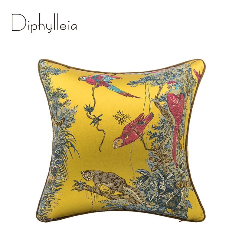 Diphylleia H Style Parrot Animals Jacquard Cushion Cover Home Decorative Vintage Luxury Gold Yellow Sofa Pillow Case Retro Vibes