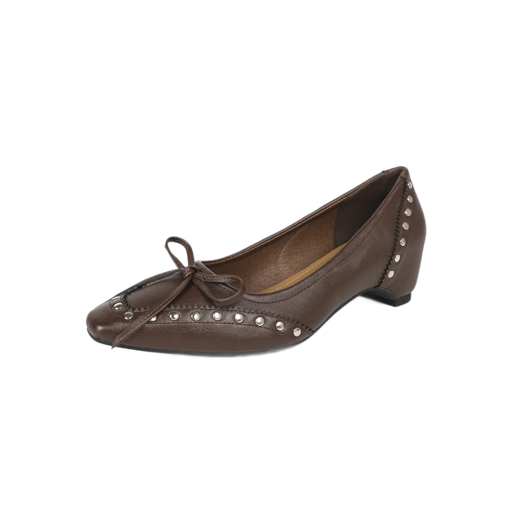 Women's Square Toe Wedge Pumps Genuine Leather Studded Bow Soft Sole Slip On Comfortable Studded Office Work Shoes