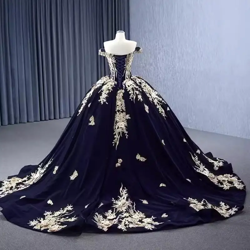 Real Picture Luxury Navy Blue Quinceanera Dresses 2024 Off Shoulder Lace Applique Ball Gown Prom Party Dress Vestido De xv Anos