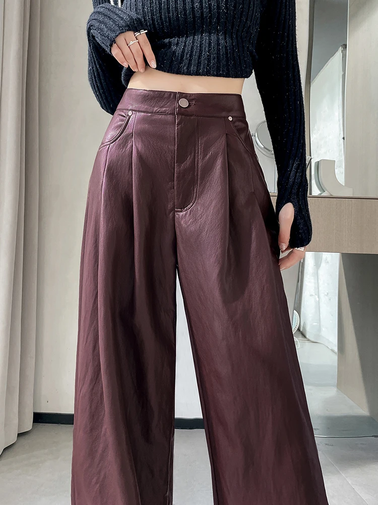 

Women Faux Leather Pants PU High Waist Straight Leg Pants with Pockets Leather Wide Leg Casual Pants Y2K Autumn Winter Trousers