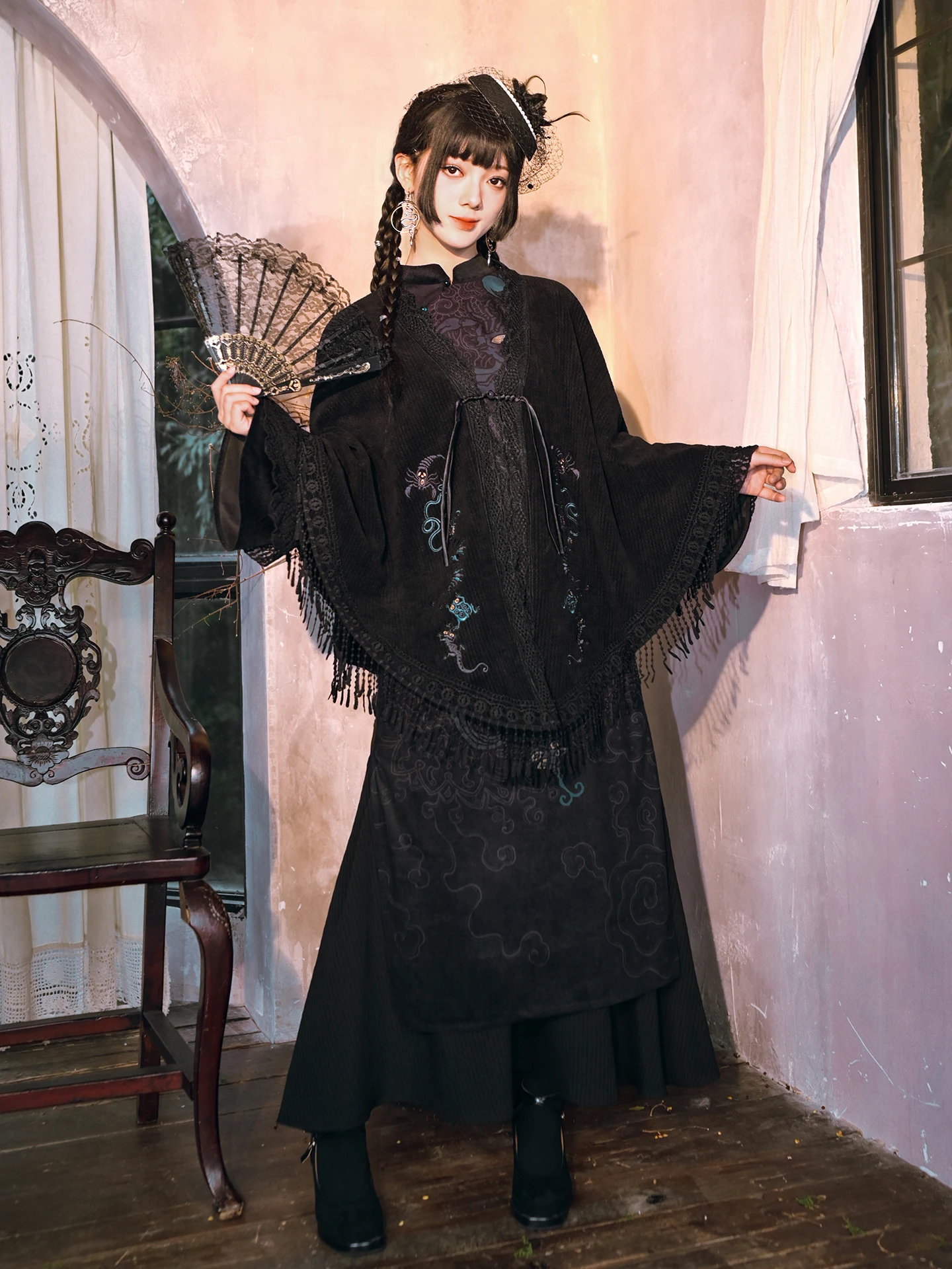 

Dark Print Long Dress Women's Design Sense Tassel Shawl Cowl Neck New Chinese Style Set Vintage Style Slanted Lapel