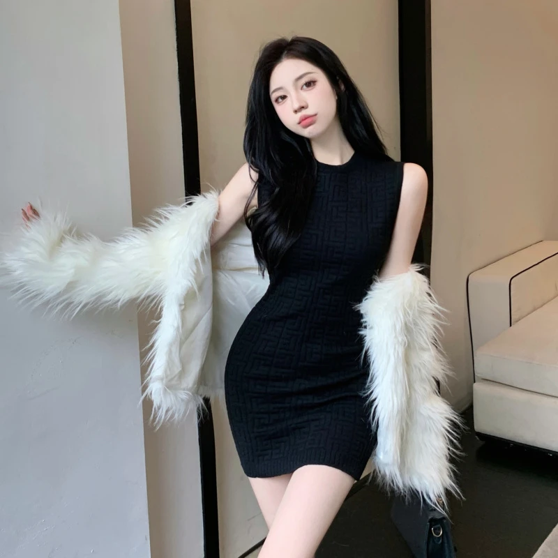 Slim Fit Short Knitted Dress Black  Skirt Show Slimming Effect Korean Style round Neck High Waist Vest Dress Summer Wear