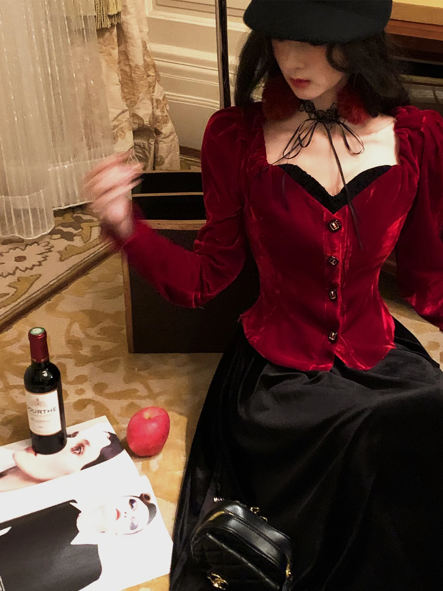 

Eees Velvet Lace Patchwork Fake Two-Piece Winter Inner Wear ort irt Commute Sle Slim Fit Long Sve Pure Color Court F...