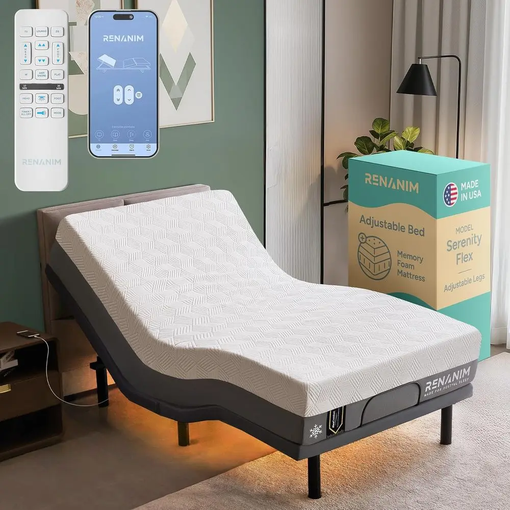 

Twin XL Size Adjustable Bed with Cooling Gel Memory Foam Mattress, Massage, USB, Underbed Light, Zero Gravity Base