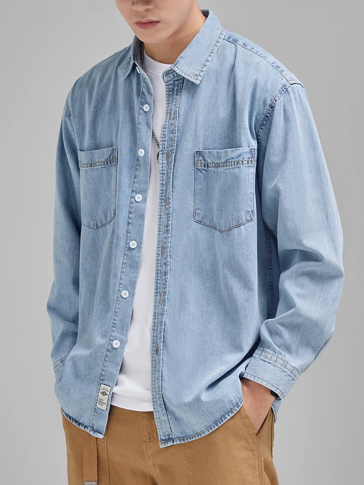 Chemise en Jean à Manches sulfpour Homme, en Coton Doux, avec Poches sur la Poitrine, Style Cowboy, Bleu, Décontracté, Nouvelle Collection Automne