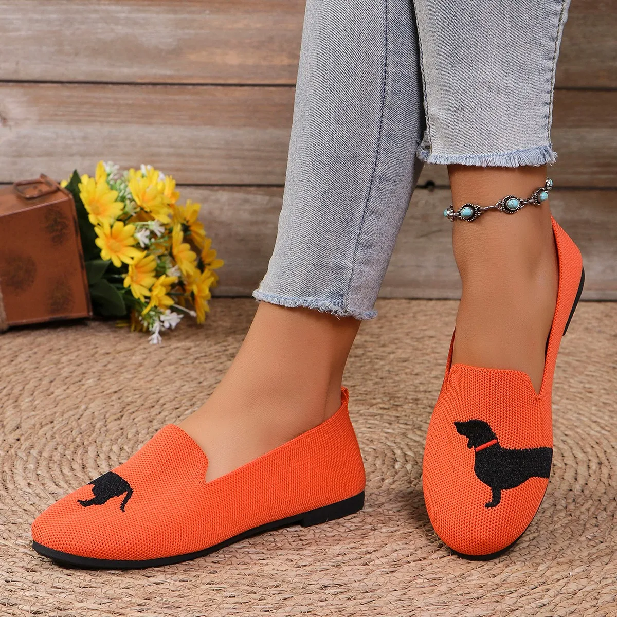 Dog Pattern Round Toe Flats for Women Comfortable Knit Ballet Flat Shoes Casual Slip on Shallow Shoes Office Boat Shoes Size 43