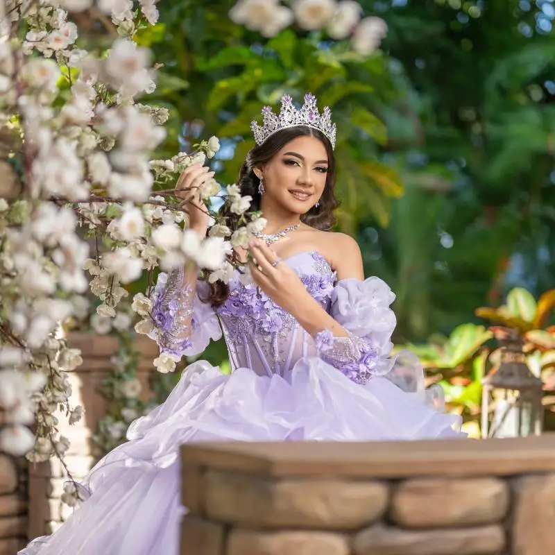 

Customized Lavender Purple Off Shoulder Quinceanera Dres Tull applique 3D Flower Lace layering vestidos de 15 Quinceanera ﻿