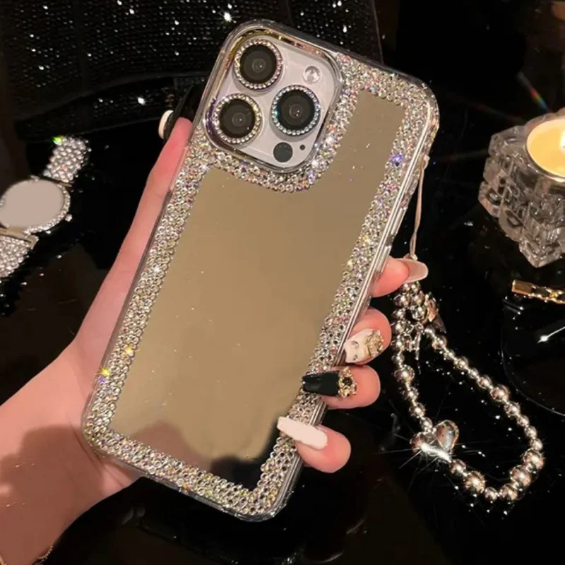 Luxury Glitter Diamond Make-Up Mirror Love Heart Chain Phone Case For iPhone 16 15 14 Plus 13 12 11 Pro Max Protect Back Cover